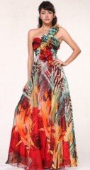 #09721 Print Chiffon Rosettes One Shoulder Pageant Evening Prom Dress (10, Red Print) photo 1